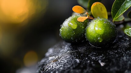 Poster -  A couple of green fruits rest atop a leaf-covered tree branch, adorned with water droplets on its leaves