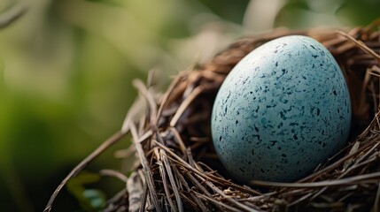 Poster -  A tight shot of a bird's nest exhibiting a single blue-white egg in its center