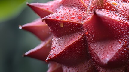 Sticker -  Close-up of a red flower with dewdrops, green leaf in the background