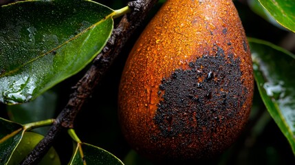 Wall Mural -  A tight shot of a ripe fruit on a tree, surrounded by leaves and adorned with dewdrops atop