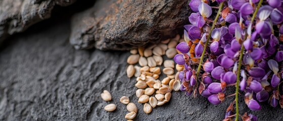 Poster -  Purple flowers atop rocks, nearby nuts piled high on another rock