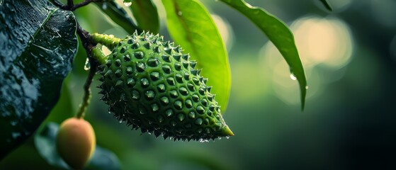 Poster -  A tight shot of a fruit-laden branch with water beads on the leaf surfaces and the fruit remaining in place