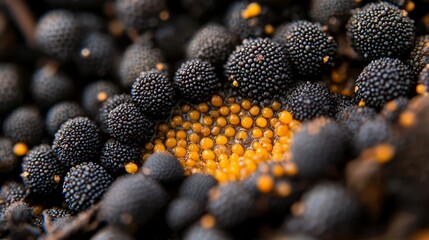 Canvas Print -  A tight shot of several blackberries One berry showcases a yellow mark in its central core