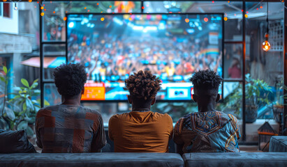 Three people are sitting on a couch in front of a television. The television is showing a concert