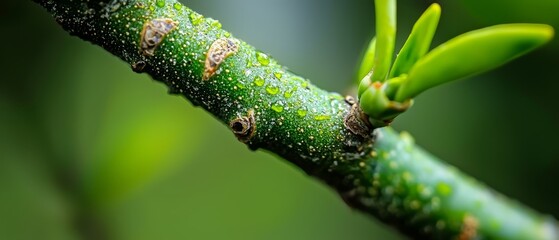 Poster -  A tight shot of a green tree branch, teeming with tiny bugs on its leaves, against a soft, indistinct backdrop