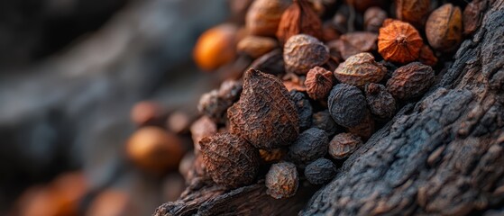 Wall Mural -  A tree trunk holds two piles of nuts