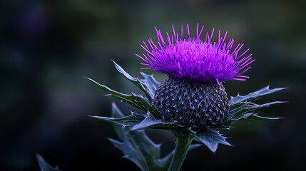 Sticker -  A tight shot of a purple bloom surrounded by lush green foliage against a softly blurred backdrop of trees