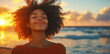 © SOUHAIL - Black woman, happy and meditation with breathing on beach for fresh air or spiritual yoga in nature. Faith, person or peaceful by ocean for sunset worship, holistic mindset or zen with mockup space