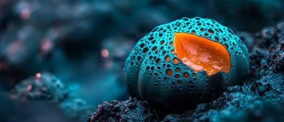 Wall Mural -  A tight shot of a blue-orange object perched atop a rocky outcropping, speckled with water droplets on its surface