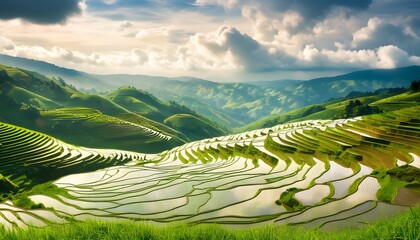 Wall Mural - Majestic rice terraces cascading through lush hills beneath a stunning sky