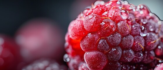 Wall Mural -  A tight shot of a raspberry with dewdrops on its surface against a black backdrop