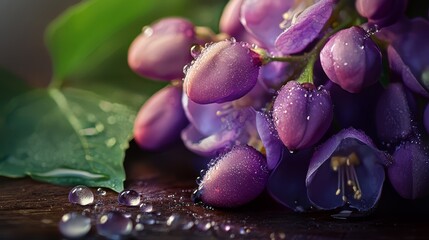 Poster -  A tight shot of assorted purple blooms, adorned with droplets of water, and a lush green leaf adjacent