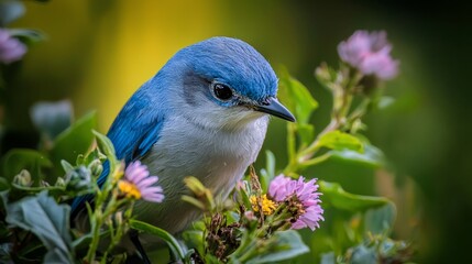 Poster -  A blue-and-white bird perches atop a tree branch Below, purple flowers bloom in the foreground Green leaves surround the scene in the background