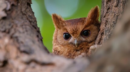 Canvas Print -  A tight shot of a tiny owl gazing from behind a tree branch against a hazy backdrop of leaves