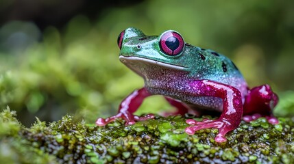 Sticker -  A green frog rests on a moss-covered branch, sporting a pink eye Surrounding it are mossy branches with green leaves in the backdrop