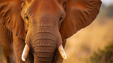 Wall Mural -  A tight shot of an elephant with tusks against a backdrop of tall grass and trees