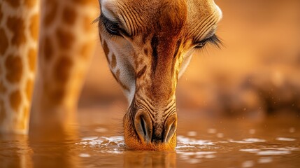 Wall Mural -  A tight shot of a giraffe's face and neck bending to drink from a water pool