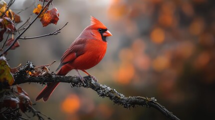 Poster -  A red bird perched on a tree branch, beside another adorned with leaves, against a softly blurred backdrop