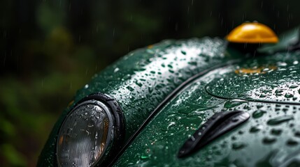 Wall Mural -  A tight shot of a green sports car's front end, adorned with raindrops on its windshield