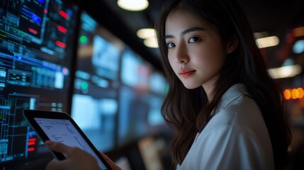 Canvas Print - Woman Using Tablet in Data Center