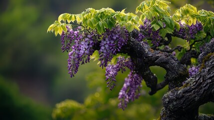 Poster -  A tree teeming with numerous purple flowers atop a dense, verdant forest carpeted in countless green leaves