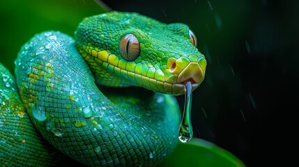 Sticker -  A tight shot of a green snake with a water droplet on its head against a black backdrop