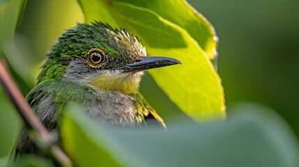 Sticker -  A bird perched on a tree branch, with a focus on its close proximity and a clear green leaf in the foreground The background is intentionally blurred