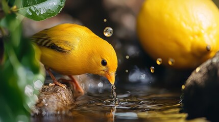 Wall Mural -  A yellow bird sips water from a lemon-backed pool, surrounded by foliage