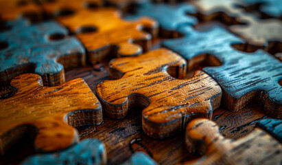 A close up of a jigsaw puzzle with pieces of different colors. The puzzle is made of wood and has a rustic feel to it. The different colors of the pieces create a sense of depth and complexity