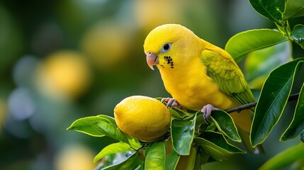  A yellow bird perches on a tree branch, holding two lemons Tree forms the background