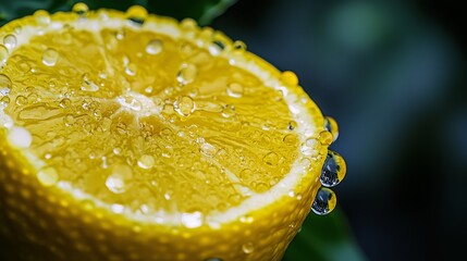 Poster -  A tight shot of a lemon with water droplets on its surface and a green leaf in the backdrop