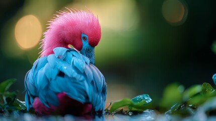 Canvas Print - head pink, body blue; surrounding greenery of leaves, water droplets at foot