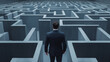 © HEPJAM PHOTO - Young businessman contemplating how to navigate a maze of business obstacles. Isolated illustration on a white background.