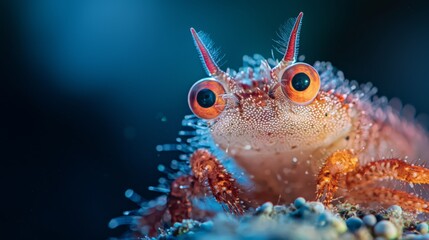 Poster -  A tight shot of a small animal with large, bright orange eyes and a white frame, adorned with black spots forming its facial pattern