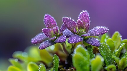 Sticker -  A tight shot of a purple flower, adorned with droplets of water Green leaves lie adjacent