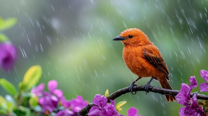 Wall Mural -  A small orange bird perches on a rain-soaked branch against a backdrop of purple flowers in the foreground, while the background softly blurs