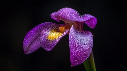 Canvas Print -  A tight shot of a purple bloom dotted with water beads, surrounded by a green stem in the foreground