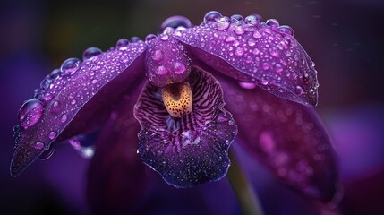 Poster -  A tight shot of a purple flower, adorned with water droplets, and a green stem prominent in the foreground