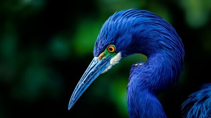 Sticker -  Close-up of a blue bird with extended neck and bill, featuring a bright orange eye on a black background