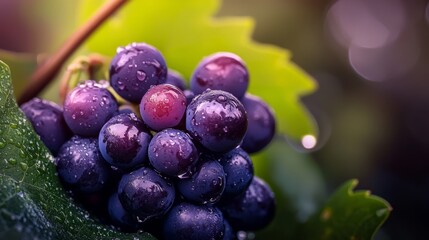 Sticker -  A tight shot of grapes bunched on a vine Water beads decorate the foliage leaves Green foliage gleams