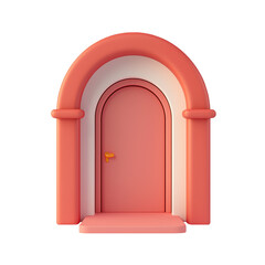 3D illustration of a pink arch door with a rounded frame and a golden handle, rendered in a cartoon style. Perfect for design projects. Isolated on transparent background, png.