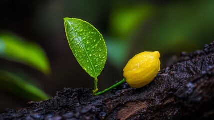 Poster -  A tight shot of a small yellow bloom on a tree branch, crowned by a green leaf above