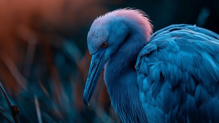 Canvas Print -  A tight shot of a blue bird with a long neck, standing in a grassy scene