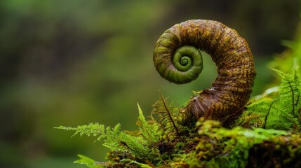 Wall Mural -  A tight shot of a green and brown snail on mossy terrain amidst trees and shrubs in the backdrop