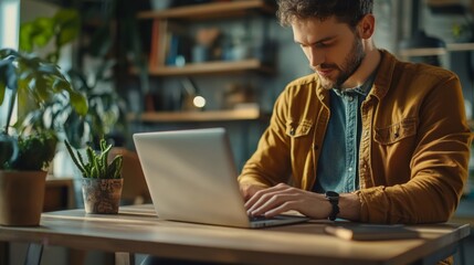 Sticker - Young man working on laptop at cozy home office