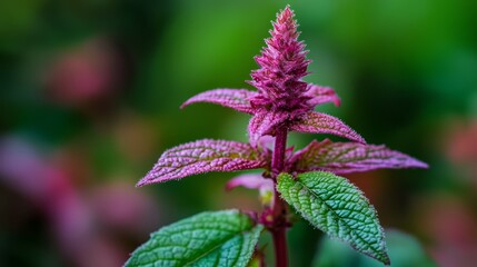 Poster -  A tight shot of a purple blossom and a green leaf in the near foreground, surrounded by a softly blurred background of pink blooms