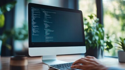 Person coding on desktop in modern workspace