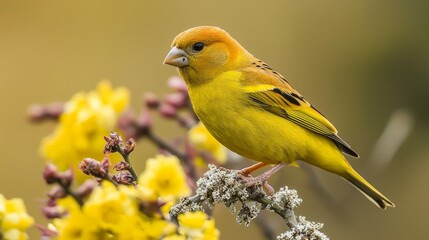 Poster -  A yellow bird sits on a branch adorned with yellow flowers Background softly blurred