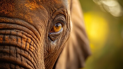 Wall Mural -  A tight shot of an elephant's eye, surrounded by a hazy backdrop of trees and bushes