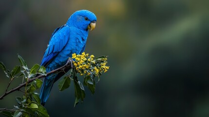 Wall Mural -  A blue parrot perches on a tree branch, adjacent to a cluster of yellow flowers